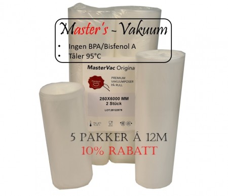 Vakuum-pose rull, 33cm x12m - 5pakker, 10% rabatt